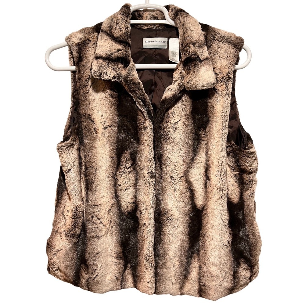 Alfred‎ Dunner Petite Faux Fur Vest Women's Size 16P Brown Animal Print Collar